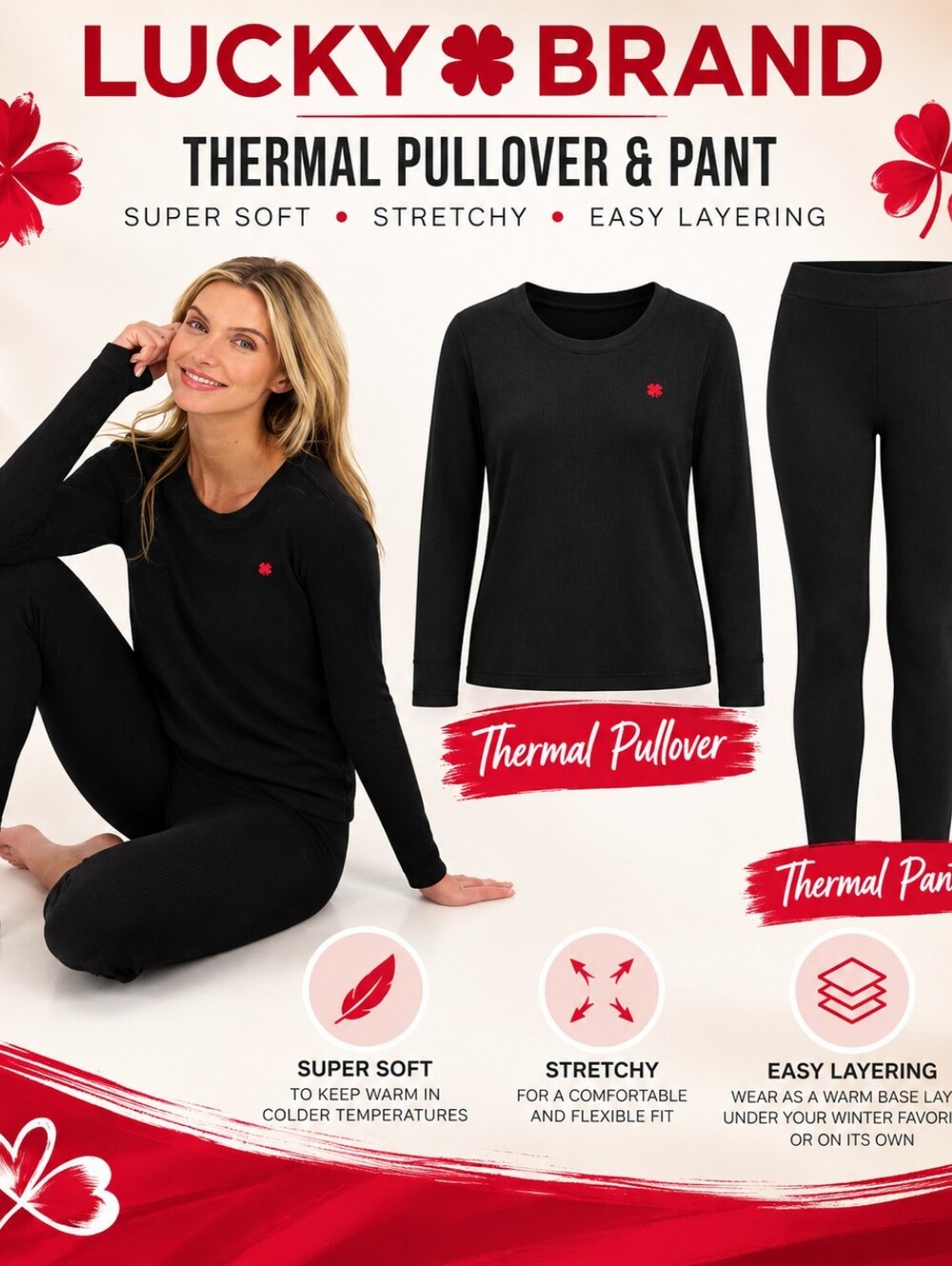 Lucky Brand Black Thermal Pullover & Pants Set with Red Accent Size XL
